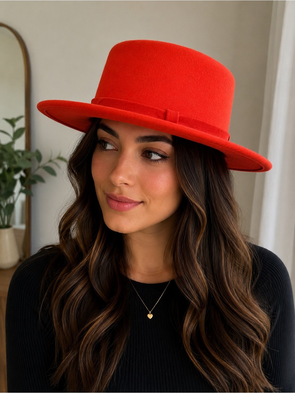 Womens Red Felt Boater Hat NWOT